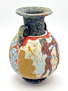 Hand-Painted Greek Style Vase w Boxing Figures – 11cm Tall – 193g – Damaged Rim - Picture 1 of 17