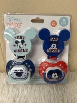 Disney Orthodontic Pacifier Baby Binky Set Clip on Mickey Mouse blue boy set lot - Image 1 of 2