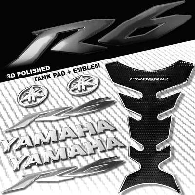 CHROME/BLACK PRO GRIP FUEL TANK PAD+6" YAMAHA LOGO+YZF-R6 FAIRING EMBLEM STICKER - Image 1 of 4
