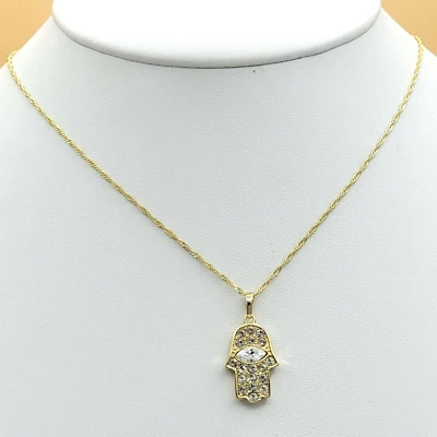 14K vergoldet Icy Hamsa Halskette Fatima Hand Gott Himmel Böser Blick Charm Anhänger - Bild 1 von 4