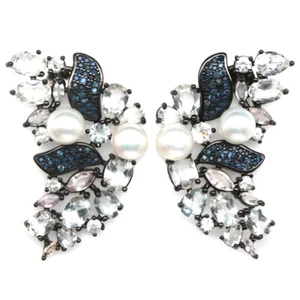 925 Sterling Silver 6 mm. White Pearl, Topaz & Sapphire Earrings - Picture 1 of 4