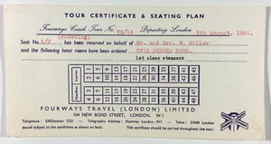 Plan de asientos vintage con certificado de tour para Fourways Travel Limited Londres Inglaterra - Imagen 1 de 2