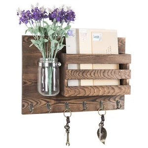MyGift Wandmontage dunkelbraunes Holz Postgestell mit 6 Haken und Einmachglas Vase - Bild 1 von 7