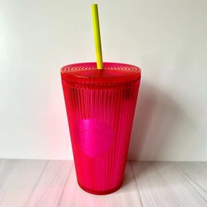 NEU Starbucks Plissee Pink Dragonfruit Tumbler Yellow Straw 16oz Cold Cup - Bild 1 von 4