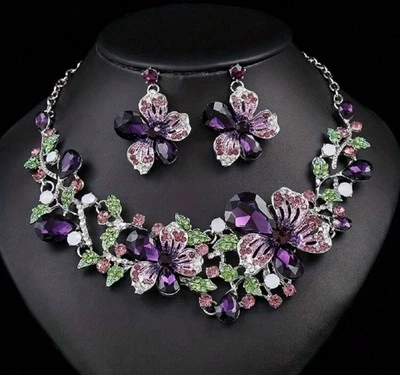 Conjunto de joyas florales mariposa diamantes de imitación púrpura collar y pendientes elegante regalo Foto 1 de 4