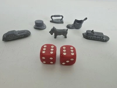 Monopoly Spares Playing Game Pieces Set of 6 Vintage Metal Pieces & 2 Red Dice - Image 1 of 3