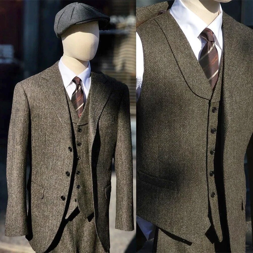 Vintage Tweed Men Suit 3 Pieces Jacket Business Herringbone Wedding Prom Blazer - Image 1 of 4