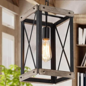 LNC Black Rustic Wood Cage Pendant Light 1-Light Farmhouse Lantern Kitchen - Picture 1 of 11