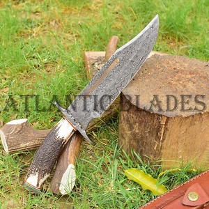 CUSTOM HANDMADE FORGED DAMASCUS STEEL HUNTING KNIFE Deer STAG Antler HANDLE - Picture 1 of 5