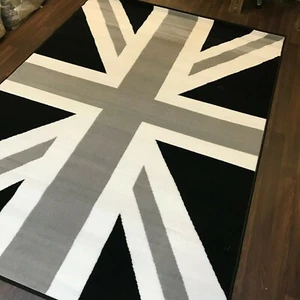 Rugs Approx 6x4ft 120x170cm Woven Backed Union Jack Black-Grey-Silver rugs Mats - Picture 1 of 6
