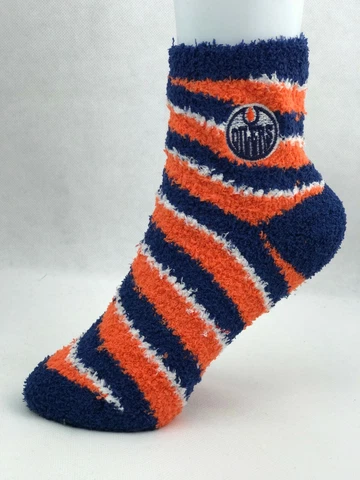Edmonton Oilers Hockey Navy Orange White Candy Cane Stripe Fuzzy Socks Cover