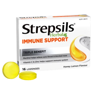 Strepsils Herbal Immune Support 16 Lozenges - Honey Lemon Flavour Sore Throat - Picture 1 of 2