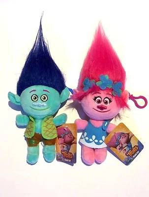 全新带标签 2 件装 Poppy Branch Troll 9 英寸 23 厘米巨魔填充毛绒玩具动物梦工厂 — 第 1/4 张图片