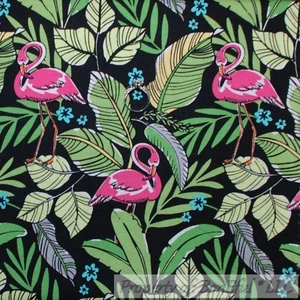 BonEful FABRIC FQ Cotton Quilt VTG Black Pink White Blue FLAMINGO Florida Flower - Picture 1 of 15