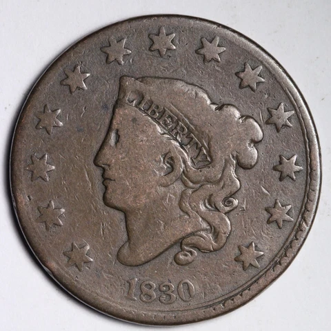 1830 Coronet Head Large Cent CHOICE FINE E285 RNL Cover