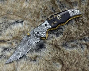 CUSTOM HANDMADE FORGED DAMASCUS STEEL EDC FOLDING BLADE POCKET KNIFE + SHEATH - Picture 1 of 9