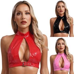 UK Women's Shiny Metallic Leather Halter Neck Latex Crop Top Sexy Backless Tops - Picture 1 of 37