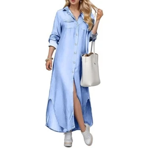 Women's Casual Button Down Maxi Shirt Dress Long Sleeve Button Up Long Dress - Picture 1 of 7