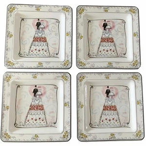 Wedding Cake Plates Hand Painted Bride Groom Made in Italy Set of 4 Square 6.5” - Picture 1 of 7