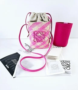 LOEWE x Paula's Ibiza Square Pocket Iraca Palm Anagram Bucket Bag Hot Pink - Picture 1 of 16