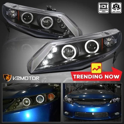 Black Fits 2006-2011 Honda Civic 4Dr Sedan LED Halo Projector Headlights Lamps Foto 1 de 4