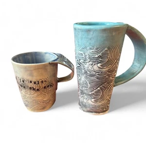 2 Mugs Cups Handmade Pottery Sea Beach Themed Ocean Anna Lapid - Picture 1 of 8