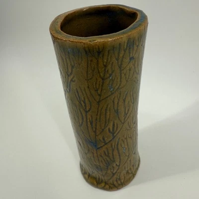 Studio Pottery Bud Vase Brown Blue Glaze 5.5" Signed FM Tree Branch Design - Image 1 of 4