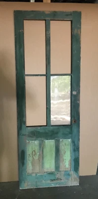 Porta de madeira antiga vintage início 30x82 verde desgastada estreita 4 Lite antiga 1560-24B - Imagem 1 de 4