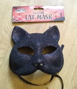 Black Glitter Cat Half Mask Halloween Fancy Dress 18x15x9cm Hard Plastic - Picture 1 of 4