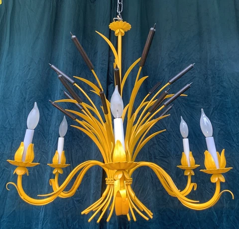 1970s Vintage Hollywood Regency 6 Arm River Reed Chandelier Cover