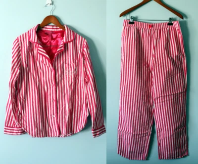 Conjunto de pijama de franela Y2K Betsey Johnson talla grande rosa a rayas manga larga y pantalones Foto 1 de 4