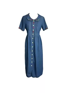 Vintage True Blue Denim Dress Floral Embroidery Womens Size Medium Modest Button - Picture 1 of 9