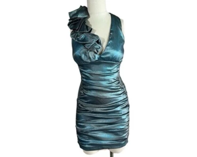 Vintage Y2K Cache Formal Prom Mini Dress Sz  8 Metallic Ruffles Green Homecoming - Image 1 of 4