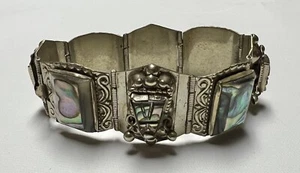 Hecho En Mexico Alpaca Panel Bracelet w/ Carved Abalone Faces Vintage Ornate - Picture 1 of 6