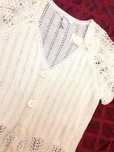 NWT petite L Sexy Boho White Cotton Short Sleeve Knit Lace Mesh Crochet Barn - Picture 1 of 9