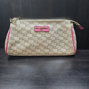 Karl Lagerfeld Paris Purse Tan/Pink Mini Logo Clutch Wristlet - Picture 1 of 6