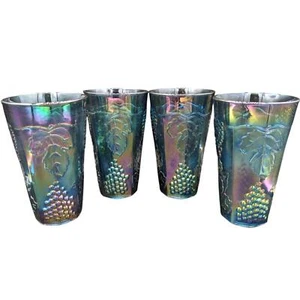 Indiana Glas Tasse Set 4 Becher Ernte Traube Karneval irisierend blau Vintage - Bild 1 von 10