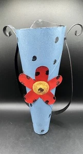 Blue Metal Flower Hanging Vase Pot Applied Red Flower With Curly-Qs Hanger - Picture 1 of 6