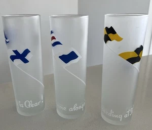 3 VINTAGE FROSTED LIBBEY TOM COLLINS GLASSES NAUTICAL FLAGS MCM - Picture 1 of 15