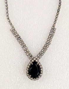Vtg Silver Tone Black Crystal Stone Teardrop White Rhinestone Necklace Prong Set - Picture 1 of 8