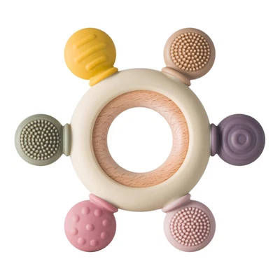 Baby Teething Toys Silicone Teethers BPA Free Silicone Rudder with Wooden Ring S - Image 1 of 4