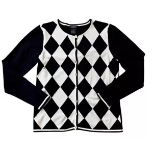 Peck & Peck Women’s Cardigan Argyle Black White Size Medium - Picture 1 of 4
