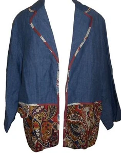Silk Club Collection Damenjacke Größe 10 offenes Leinen Denim Paisley-Druck gefüttert - Bild 1 von 10