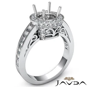 Diamond Engagement Filigree Ring Round Semi Mount Halo Pave 18k White Gold 0.8Ct - Picture 1 of 6