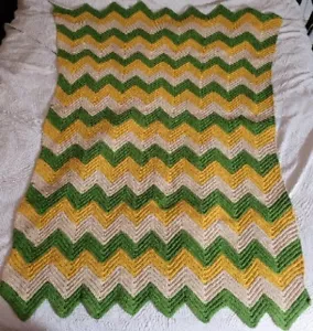VTG Crocheted Afghan Granny Squares Blanket 56x36" Green & Yellow Roseanne - Picture 1 of 6