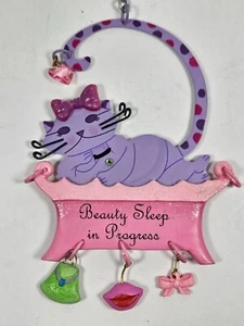 RARE Vintage Russ Purrfect Kitty Doorknob Hanger, Purple Cat in Pink Bed, New IB - Picture 1 of 6