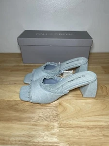 Brand New W Box Falls Creek Blue Jean Denim Sandals Womens 7M Fringe Block Heels - Picture 1 of 10