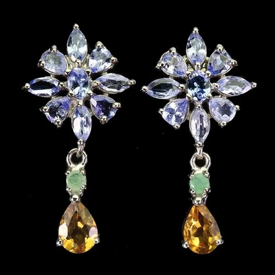 925 Sterling Silver Earrings Pear Citrine 7x5mm Emerald Tanzanite Gemstone - Image 1 of 4