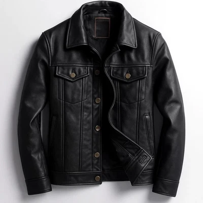 Men's Black Leather Jacket Real Cowhide Biker Trucker Style Slim Fit Coat Gift - Image 1 of 4