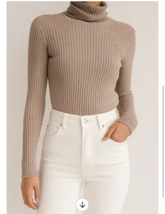 Suéter Top Acanalado Algodón Pima Cuello Alto Peruvian Connection Beige Talla Pequeña - Imagen 1 de 8